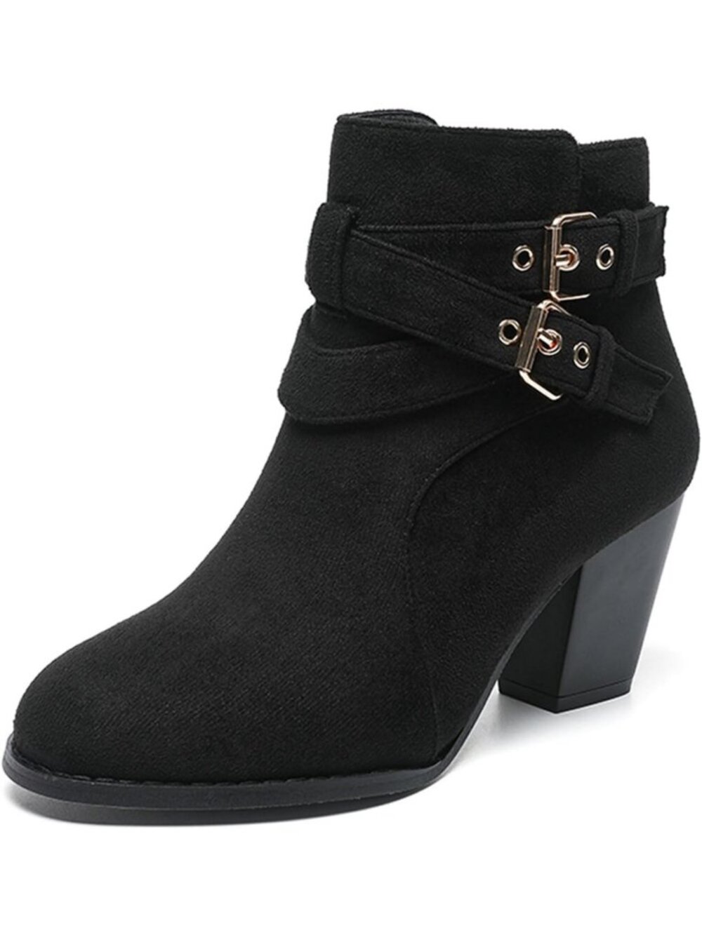 Stylish Chunky Heel Suede Ankle Boots with Double Buckle, Round Toe, Side Zip